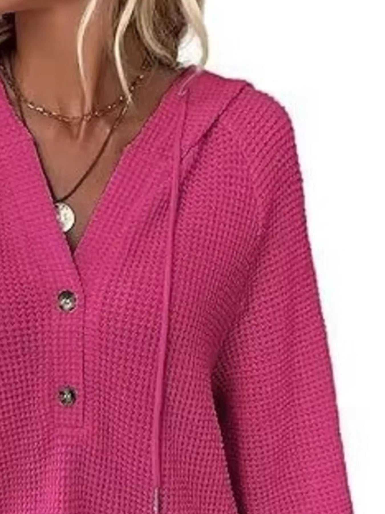 Full Size Button Detail Waffle Knit Hoodie Plus Size