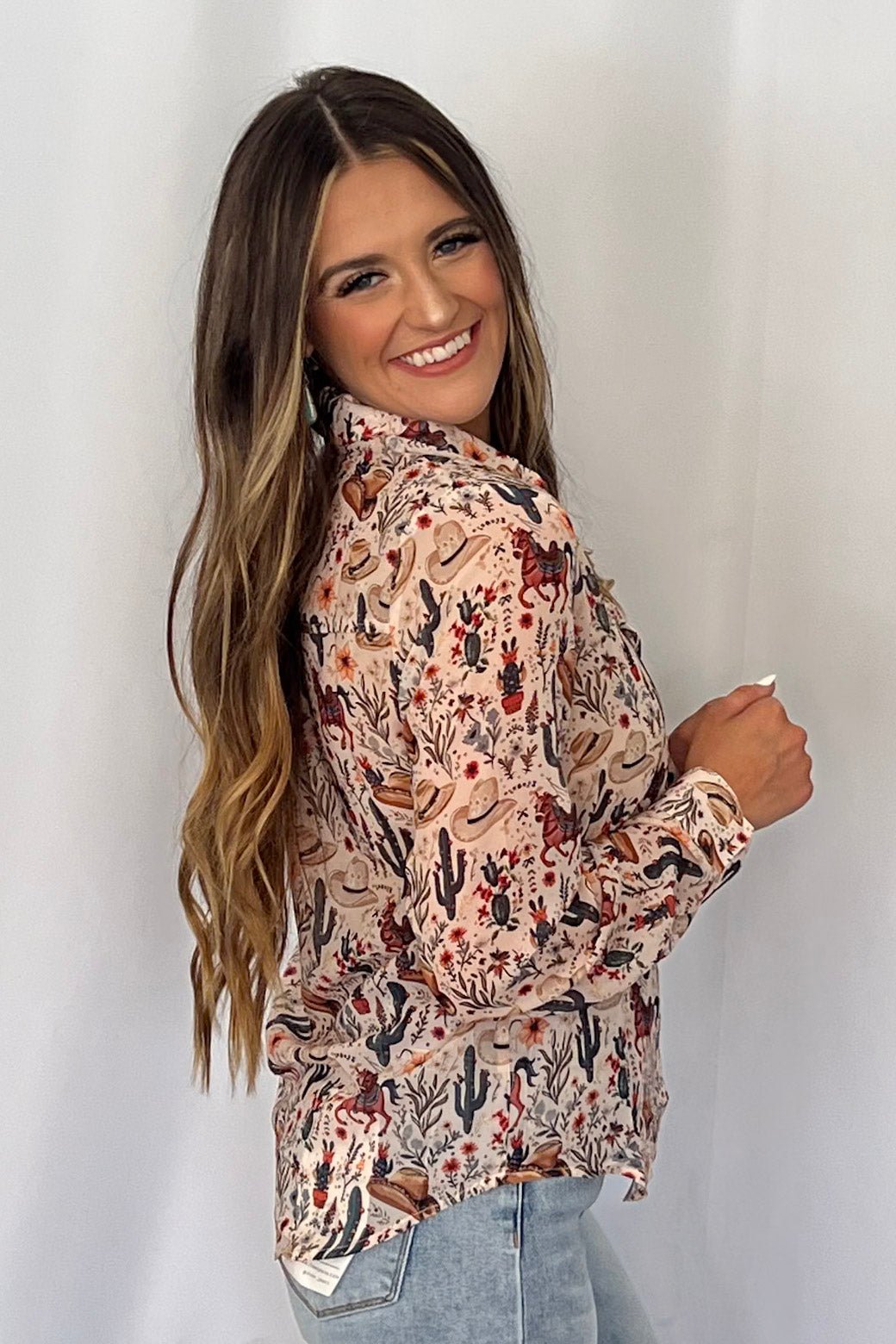 Blue B "Painted Desert" Western Chiffon Button-Up Blouse — Lightweight Semi-Opaque Desert Print (small remains)