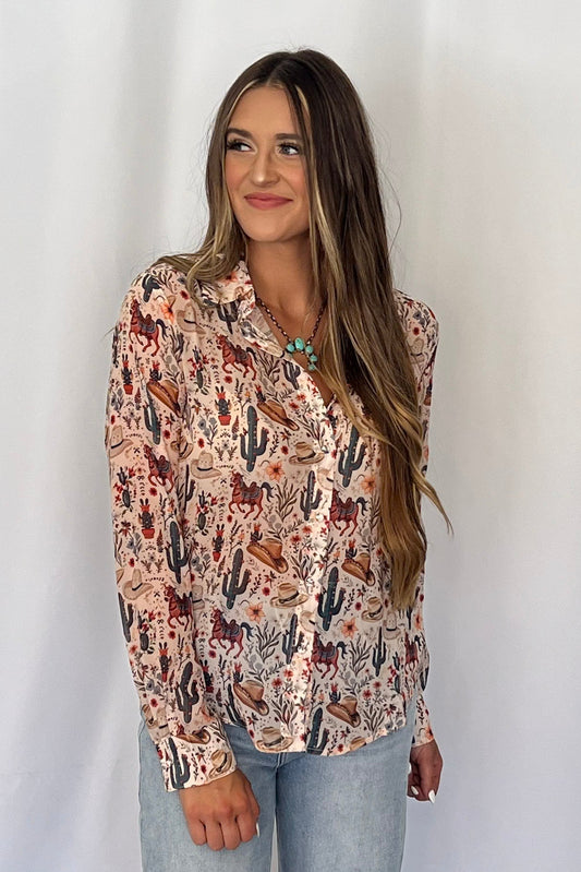 Blue B "Painted Desert" Western Chiffon Button-Up Blouse — Lightweight Semi-Opaque Desert Print (small remains)