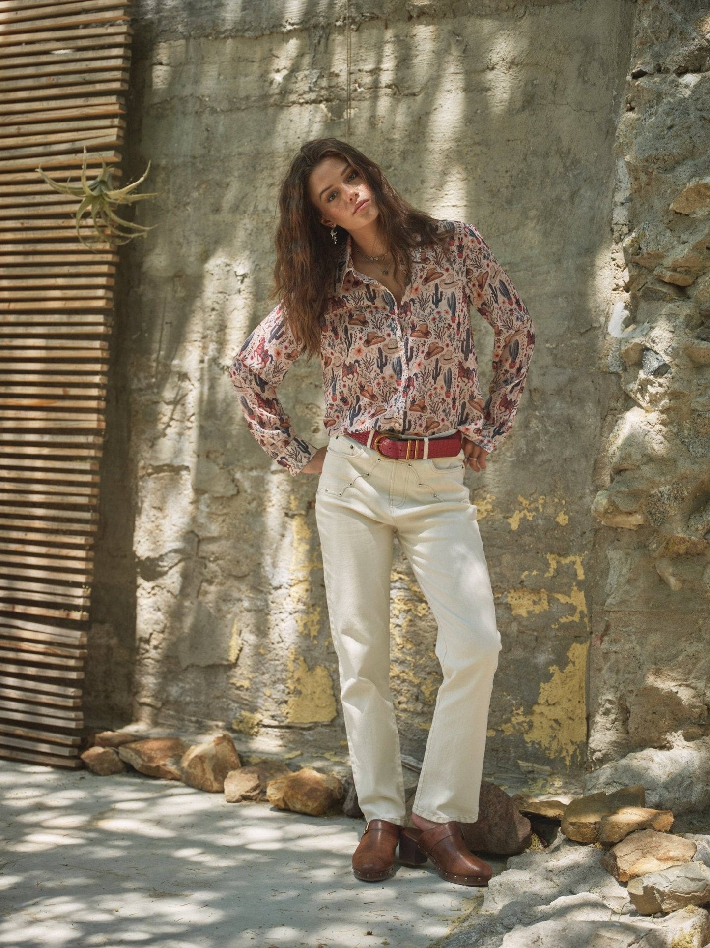 Blue B "Painted Desert" Western Chiffon Button-Up Blouse — Lightweight Semi-Opaque Desert Print (small remains)