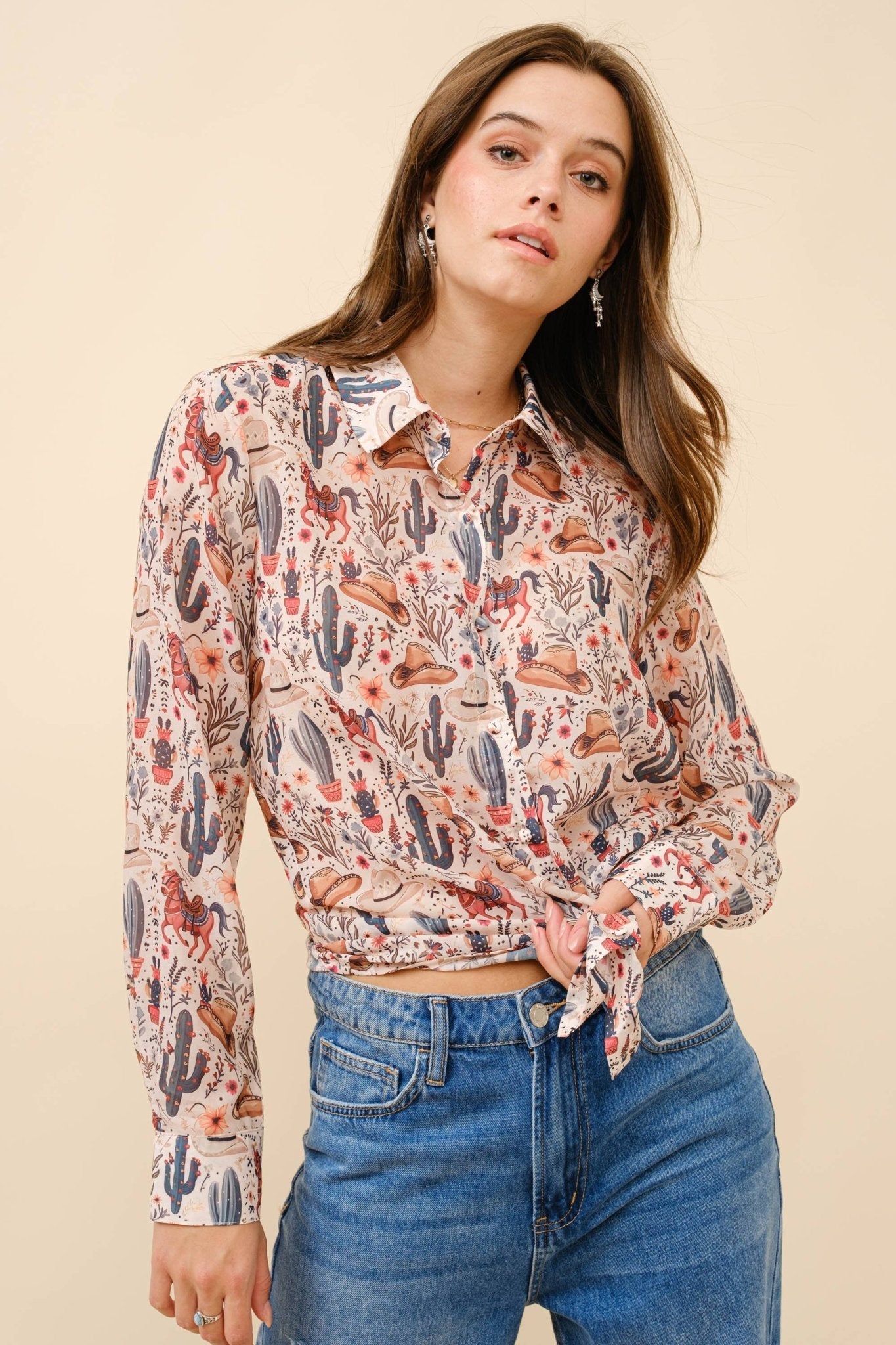 Blue B "Painted Desert" Western Chiffon Button-Up Blouse — Lightweight Semi-Opaque Desert Print (small remains)