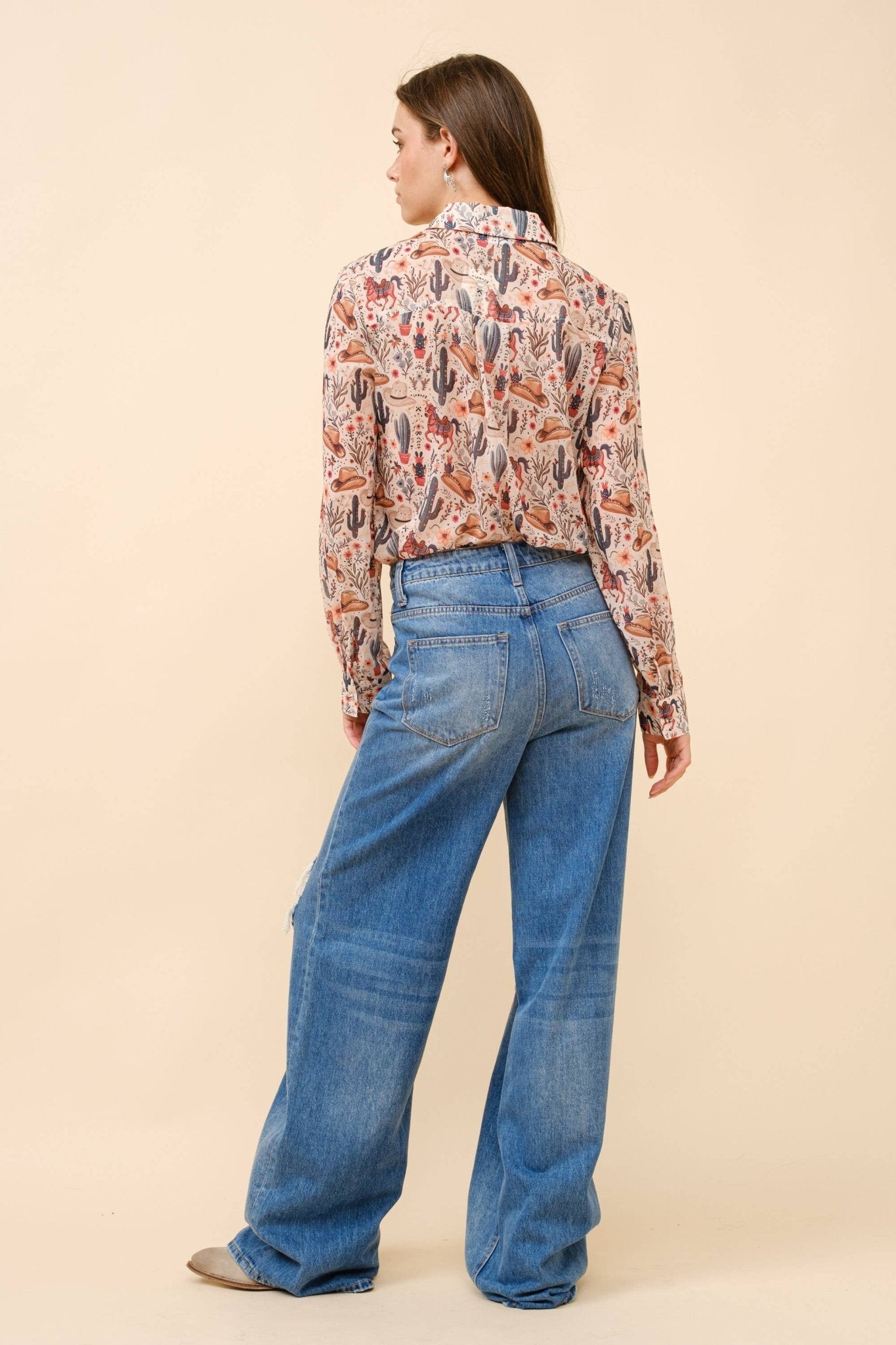 Blue B "Painted Desert" Western Chiffon Button-Up Blouse — Lightweight Semi-Opaque Desert Print (small remains)