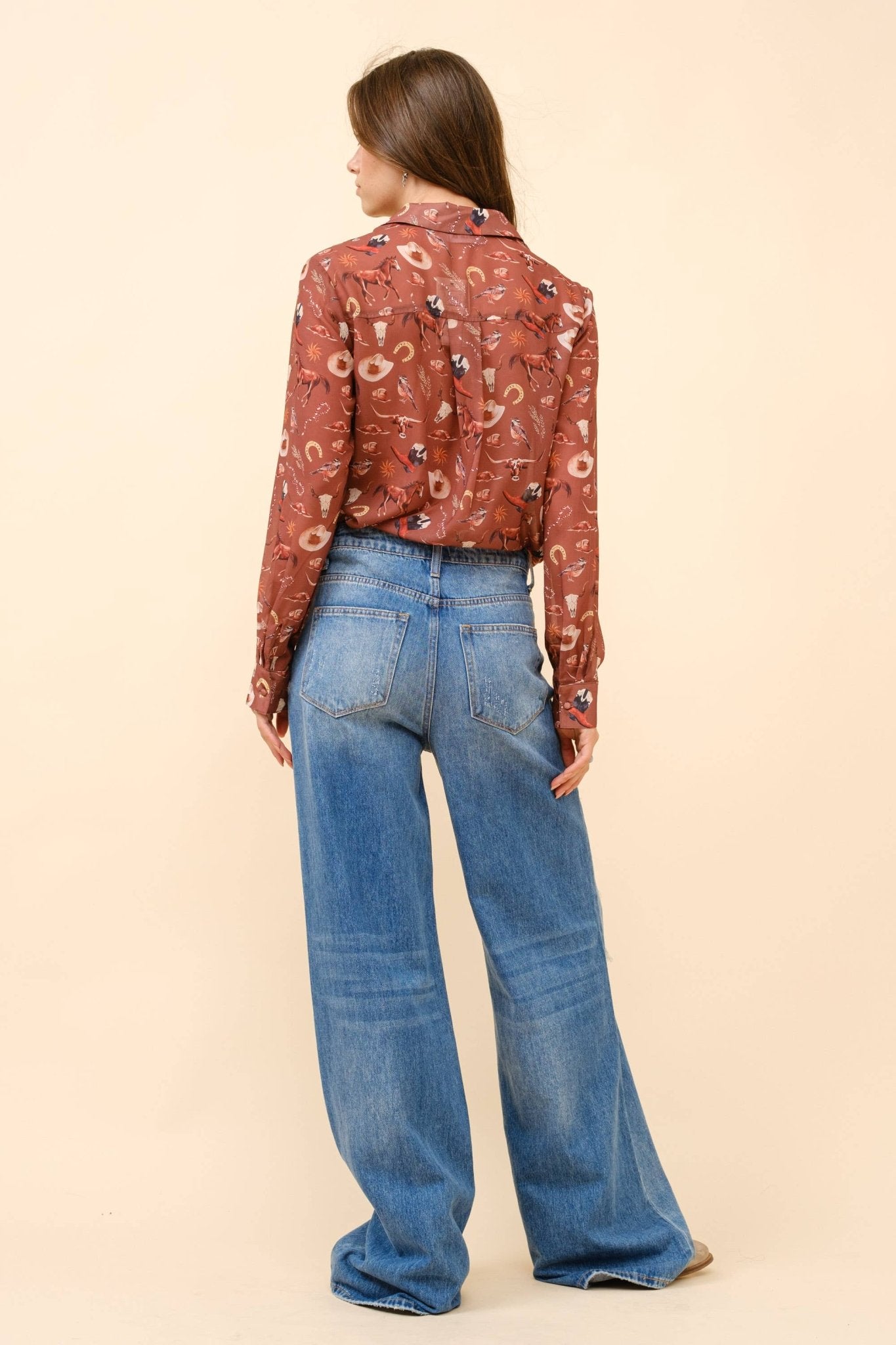 Blue B "Painted Desert" Western Chiffon Button-Up Blouse — Lightweight Semi-Opaque Desert Print (small remains)