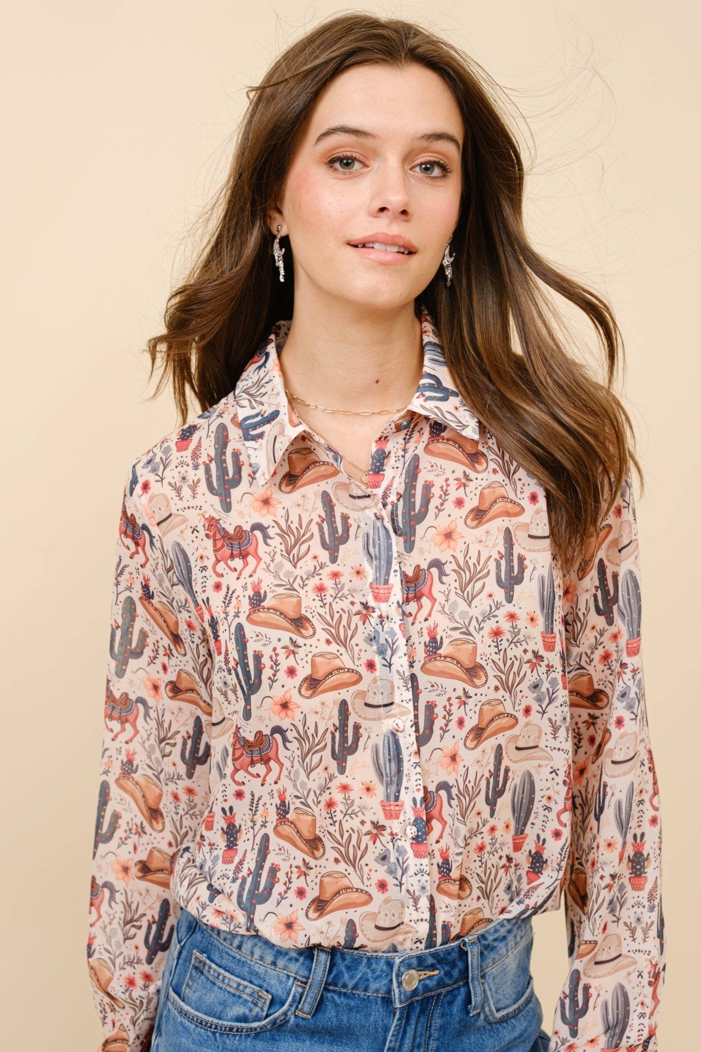 Blue B "Painted Desert" Western Chiffon Button-Up Blouse — Lightweight Semi-Opaque Desert Print (small remains)