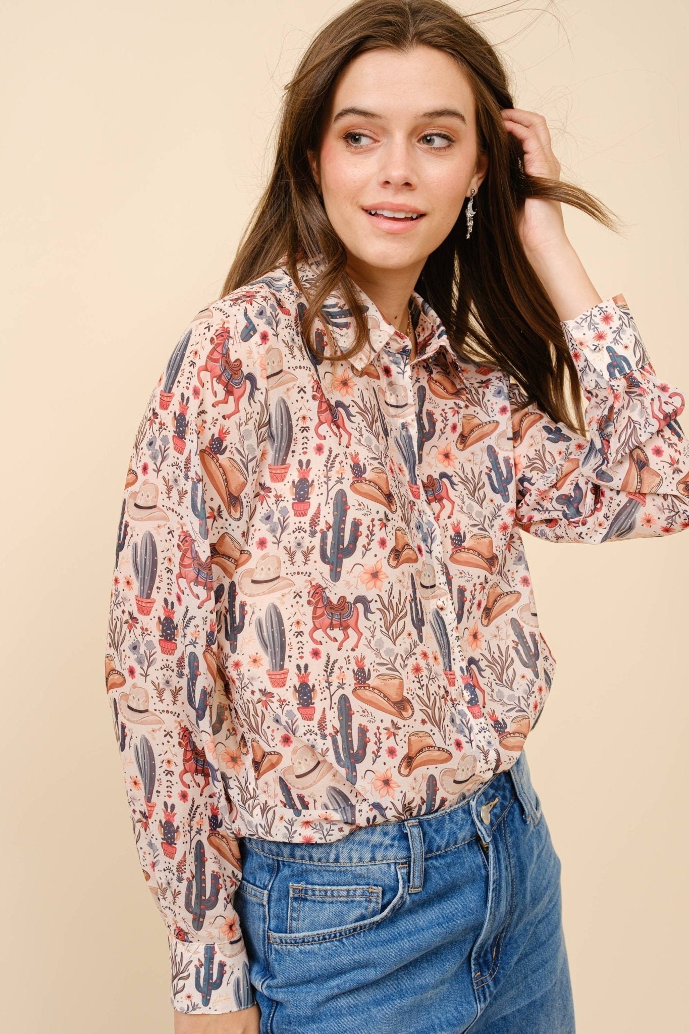 Blue B "Painted Desert" Western Chiffon Button-Up Blouse — Lightweight Semi-Opaque Desert Print (small remains)