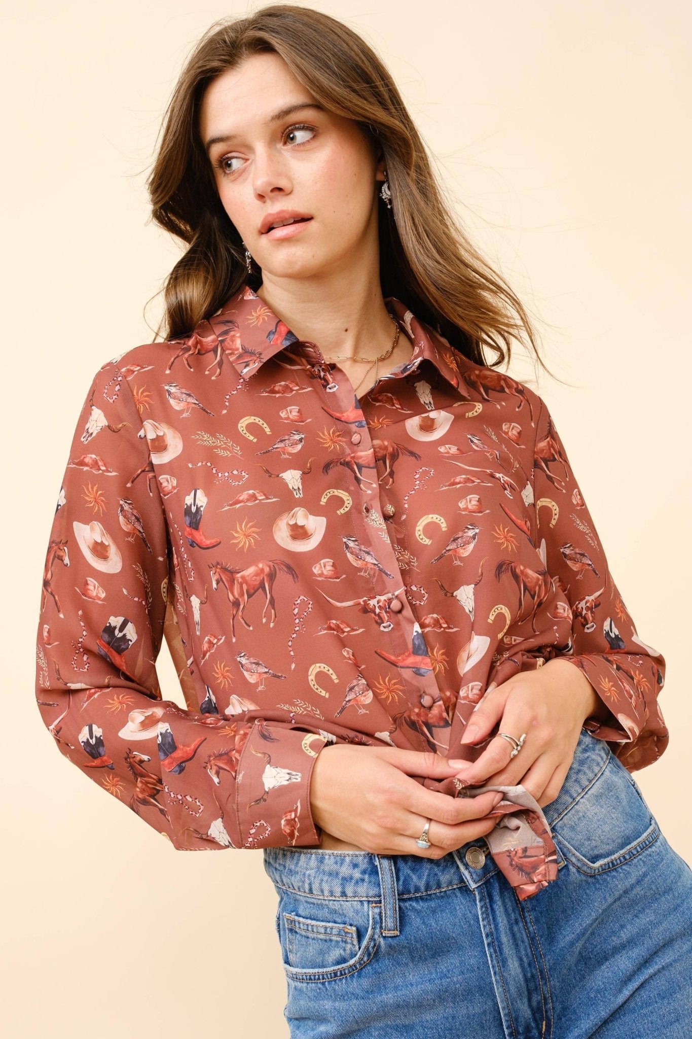 Blue B "Painted Desert" Western Chiffon Button-Up Blouse — Lightweight Semi-Opaque Desert Print (small remains)