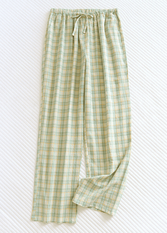 Plaid Washed Cotton Pajama Pants / Light Green
