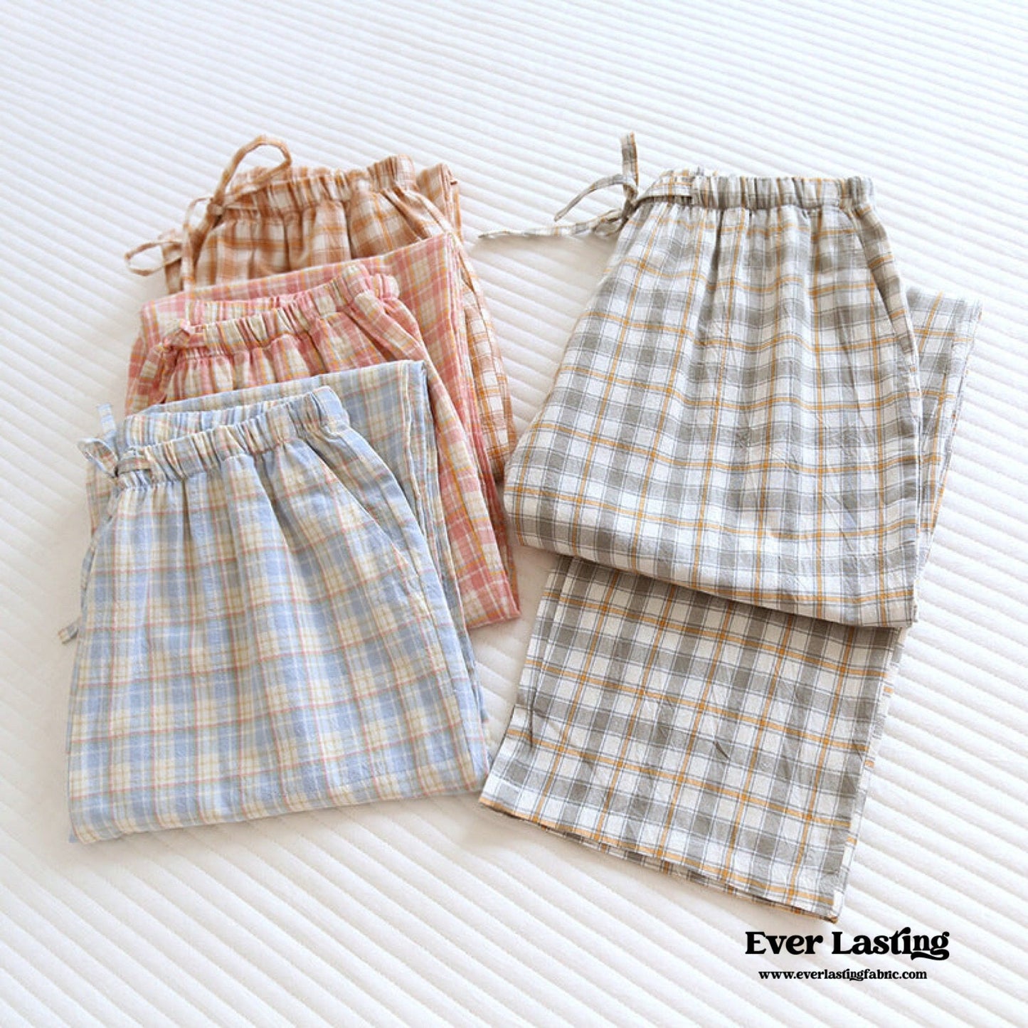 Plaid Washed Cotton Pajama Pants / Light Green