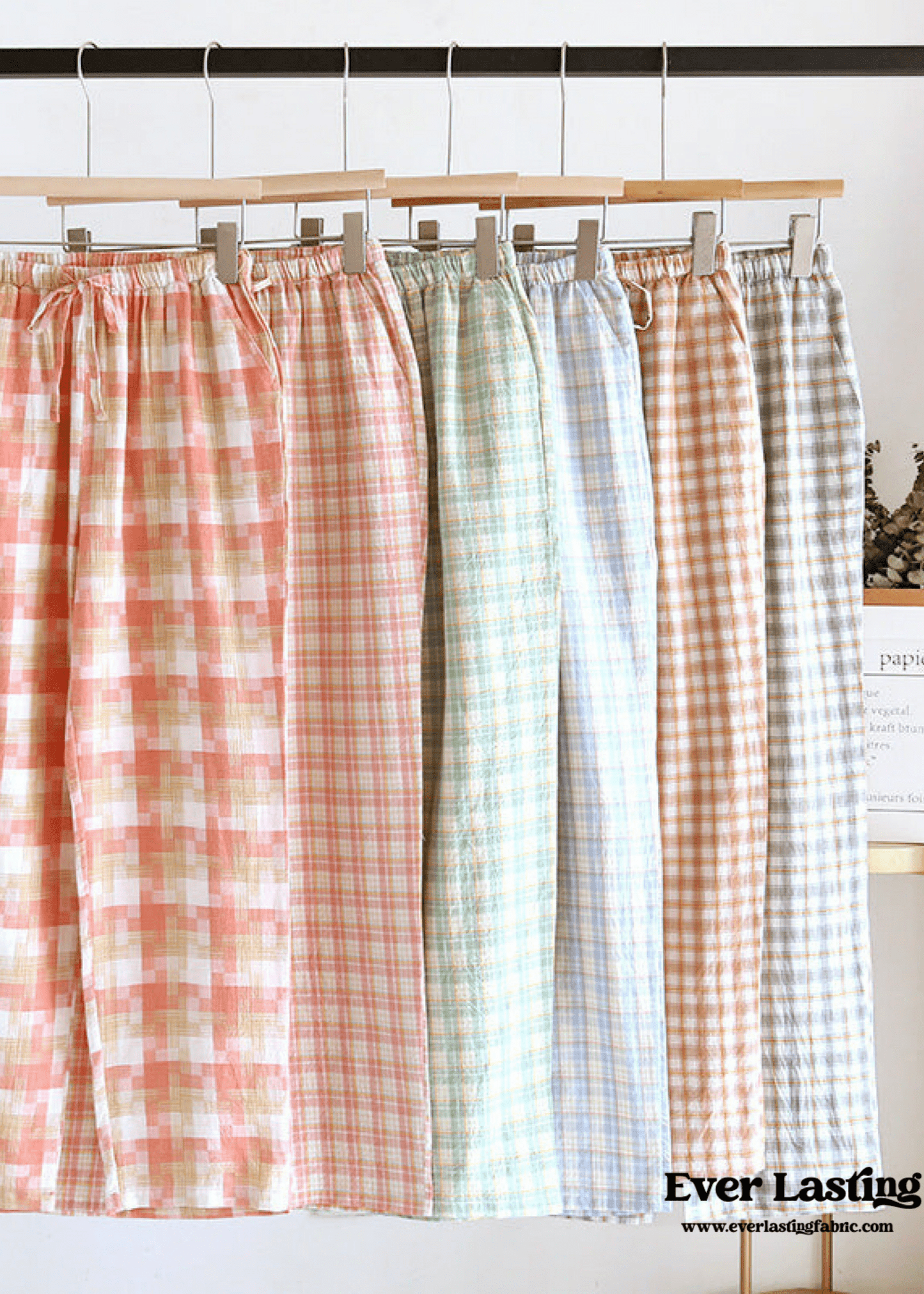 Plaid Washed Cotton Pajama Pants / Light Green