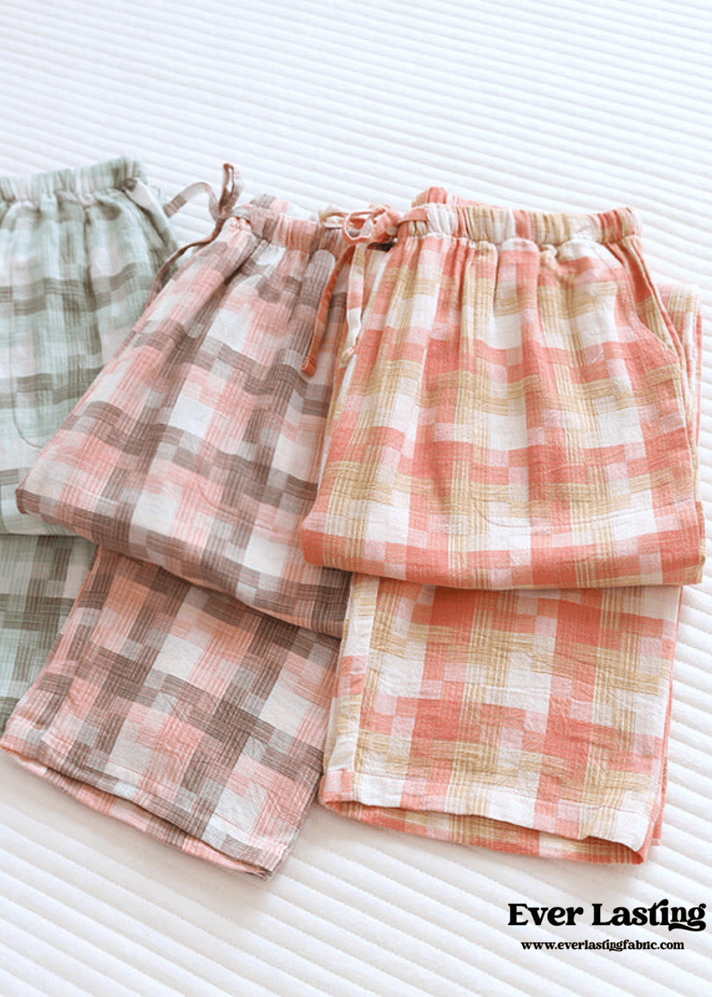 Plaid Washed Cotton Pajama Pants / Light Green