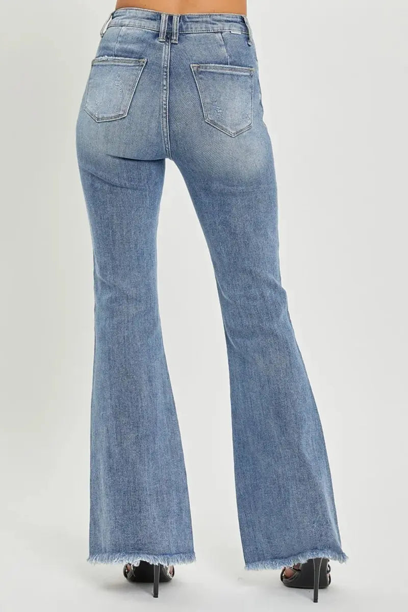 Flare Jeans High Waist Raw Hem by Trendsi