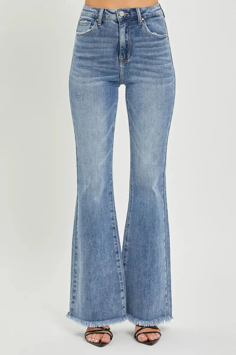 Flare Jeans High Waist Raw Hem by Trendsi