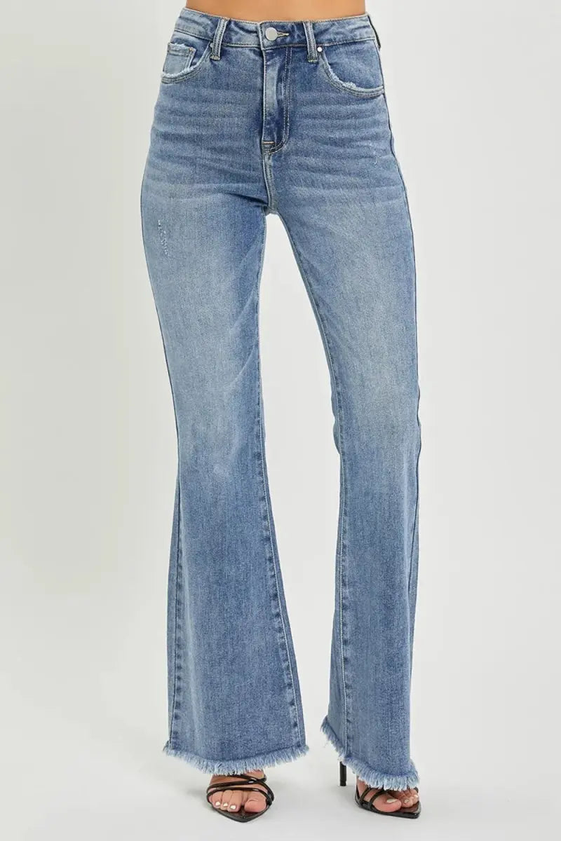 Flare Jeans High Waist Raw Hem by Trendsi