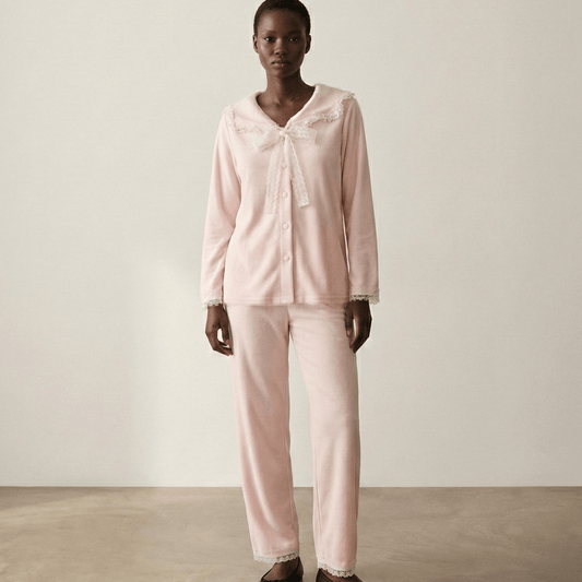 Rosy Velvet Coquette Lace Pajama Set / Pink