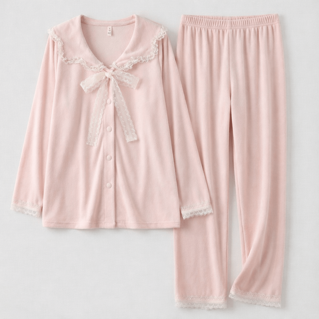 Rosy Velvet Coquette Lace Pajama Set / Pink